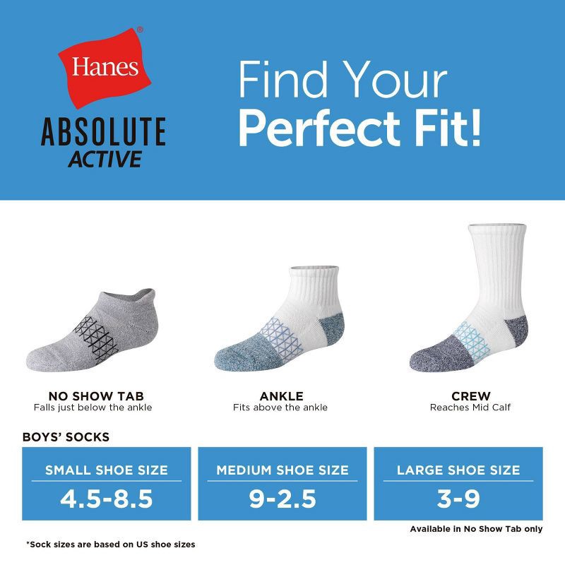 slide 6 of 6, Hanes Boys' 4pk Absolute Active Heel Shield Socks - White L: Moisture Wicking, Arch Support, Ankle Length, 4 ct