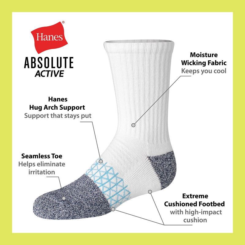 slide 5 of 6, Hanes Boys' 4pk Absolute Active Crew Socks - White S, 4 ct