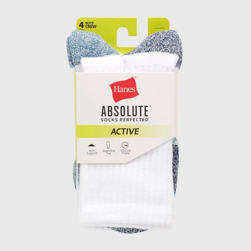 slide 2 of 6, Hanes Boys' 4pk Absolute Active Crew Socks - White L, 4 ct