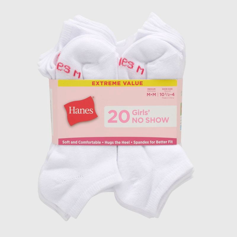 slide 2 of 5, Hanes Girls' 20pk No Show Socks - White S: Lightweight Knit, Arch Support, Small Size, 20 ct