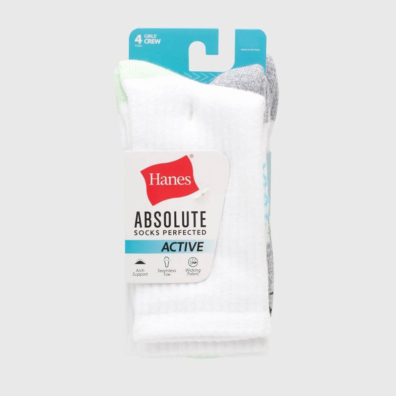 slide 2 of 6, Hanes Girls' 4pk Absolute Active Crew Socks - White S, 4 ct
