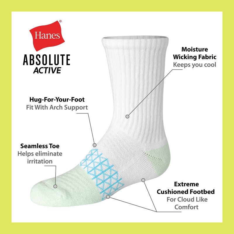slide 5 of 6, Hanes Girls' 4pk Absolute Active Crew Socks - White M, 4 ct