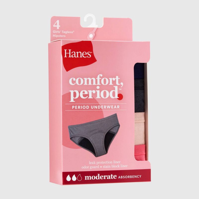slide 2 of 9, Hanes Girls' 4pk Hipster Period Underwear Moderate Protection - colors may vary 8: Moisture Wicking, 4 ct