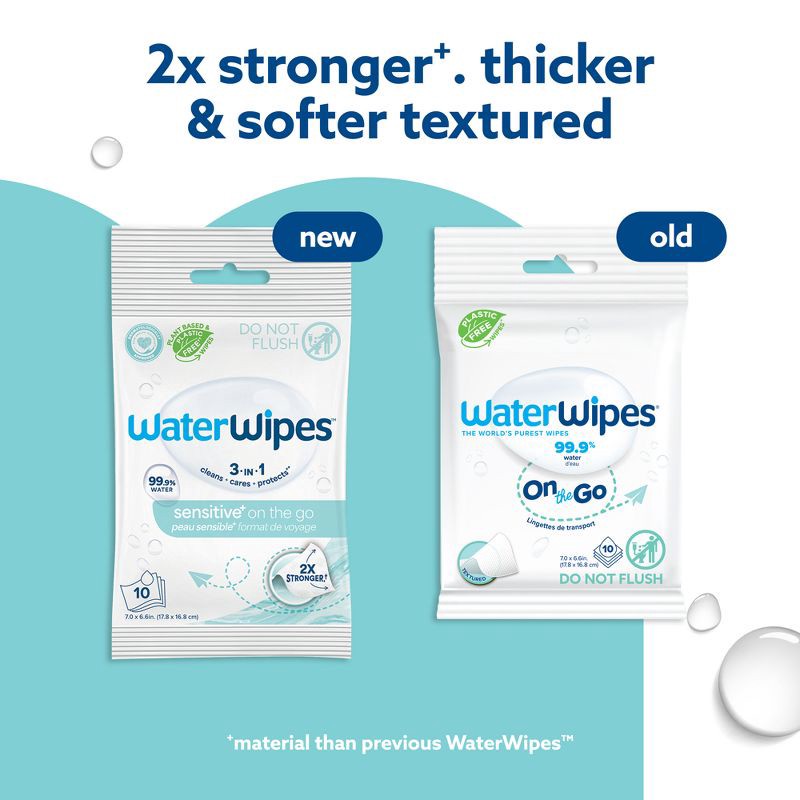 slide 2 of 12, WaterWipes Sensitive+ On The Go Wipes, 3-In-1 Cleans, Cares, Protects, 99.9% Water, Unscented & Hypoallergenic - 10ct, 10 ct
