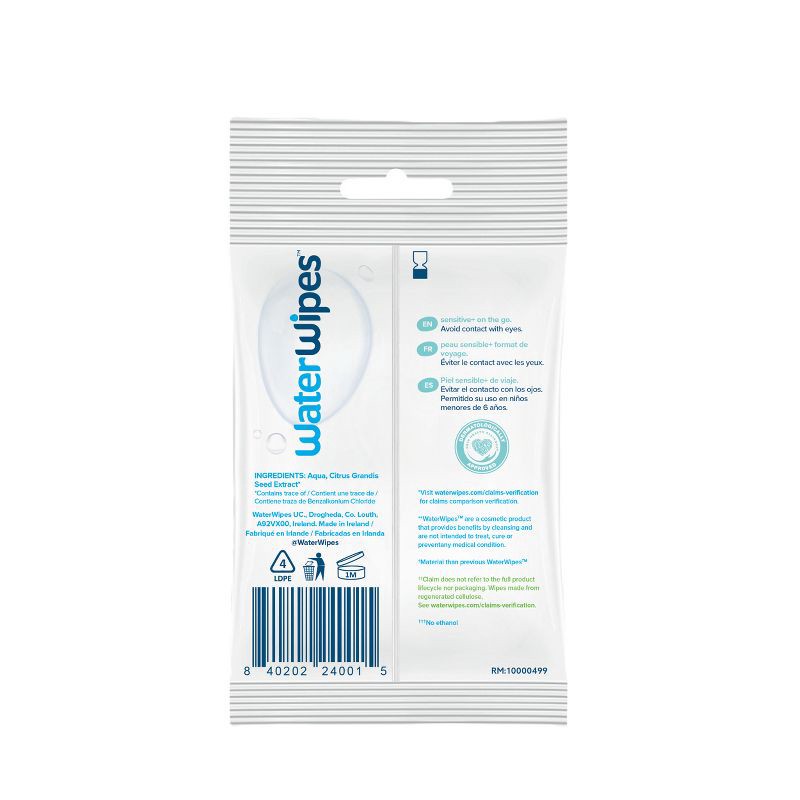 slide 12 of 12, WaterWipes Sensitive+ On The Go Wipes, 3-In-1 Cleans, Cares, Protects, 99.9% Water, Unscented & Hypoallergenic - 10ct, 10 ct