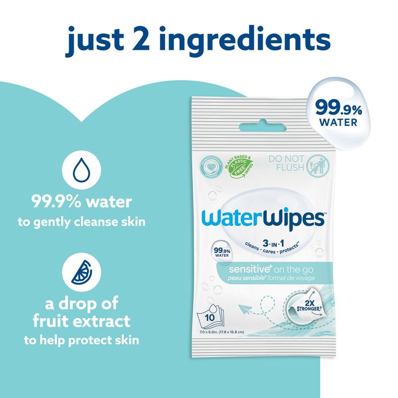 slide 4 of 12, WaterWipes Sensitive+ On The Go Wipes, 3-In-1 Cleans, Cares, Protects, 99.9% Water, Unscented & Hypoallergenic - 10ct, 10 ct