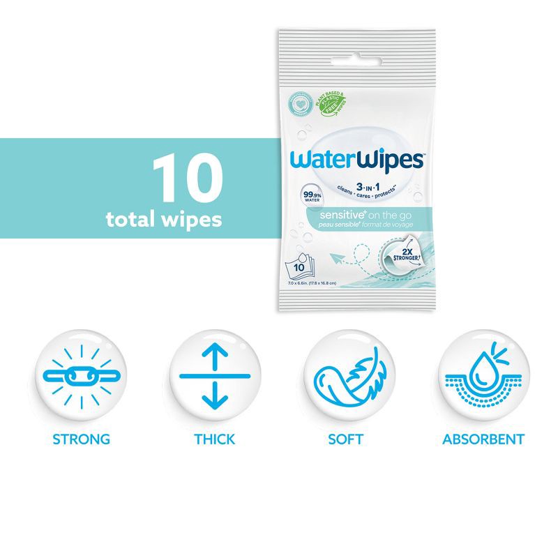 slide 3 of 12, WaterWipes Sensitive+ On The Go Wipes, 3-In-1 Cleans, Cares, Protects, 99.9% Water, Unscented & Hypoallergenic - 10ct, 10 ct