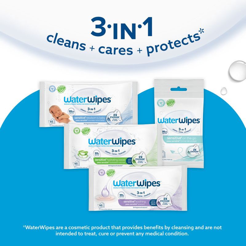 slide 7 of 12, WaterWipes Sensitive+ On The Go Wipes, 3-In-1 Cleans, Cares, Protects, 99.9% Water, Unscented & Hypoallergenic - 10ct, 10 ct