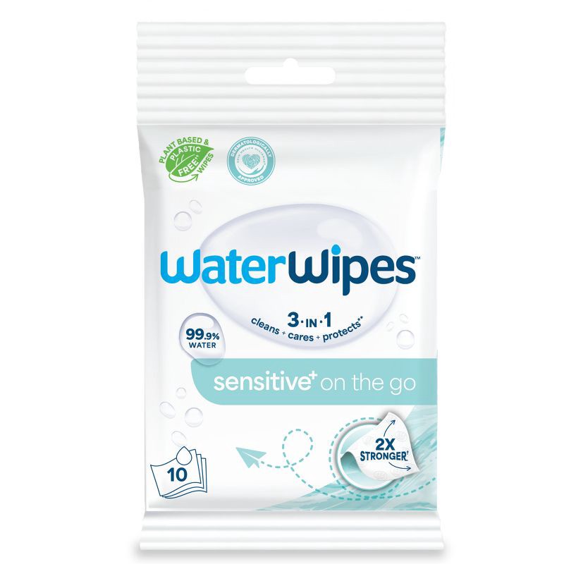 slide 1 of 12, WaterWipes Sensitive+ On The Go Wipes, 3-In-1 Cleans, Cares, Protects, 99.9% Water, Unscented & Hypoallergenic - 10ct, 10 ct