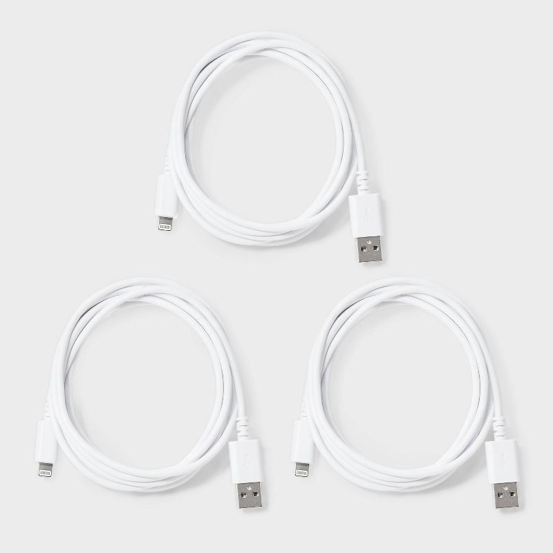 slide 2 of 3, 6' Lightning to USB-A Charging Cables 3pk - dealworthy™ White: Male-to-Male Connector, 3 ct