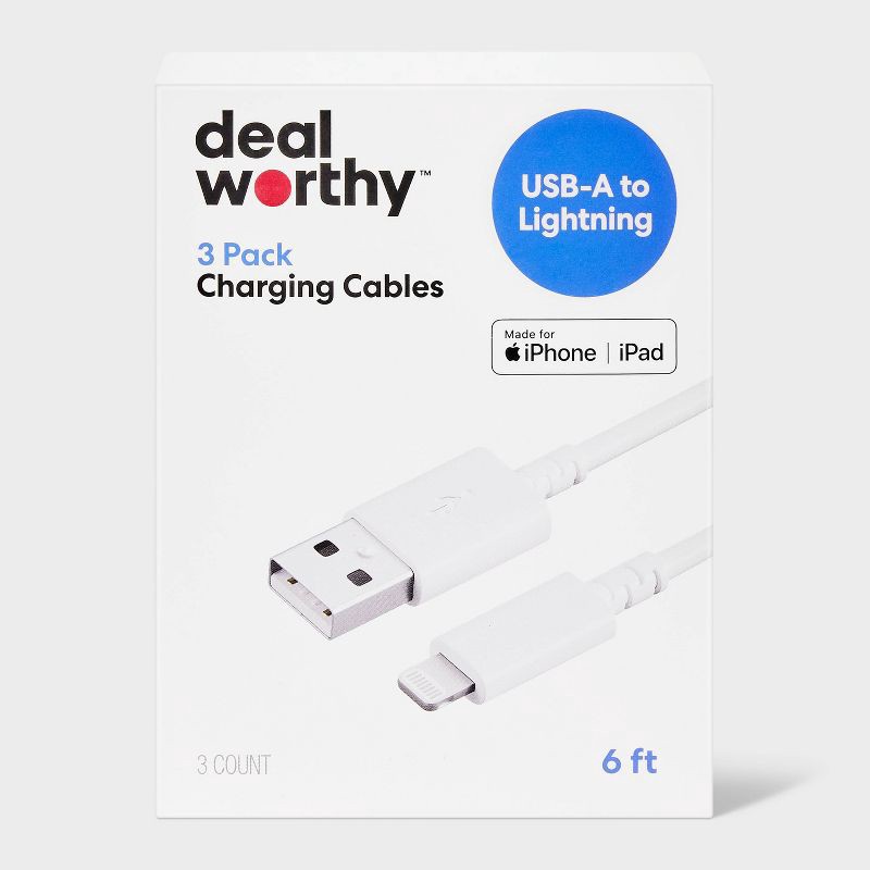 slide 1 of 3, 6' Lightning to USB-A Charging Cables 3pk - dealworthy™ White: Male-to-Male Connector, 3 ct