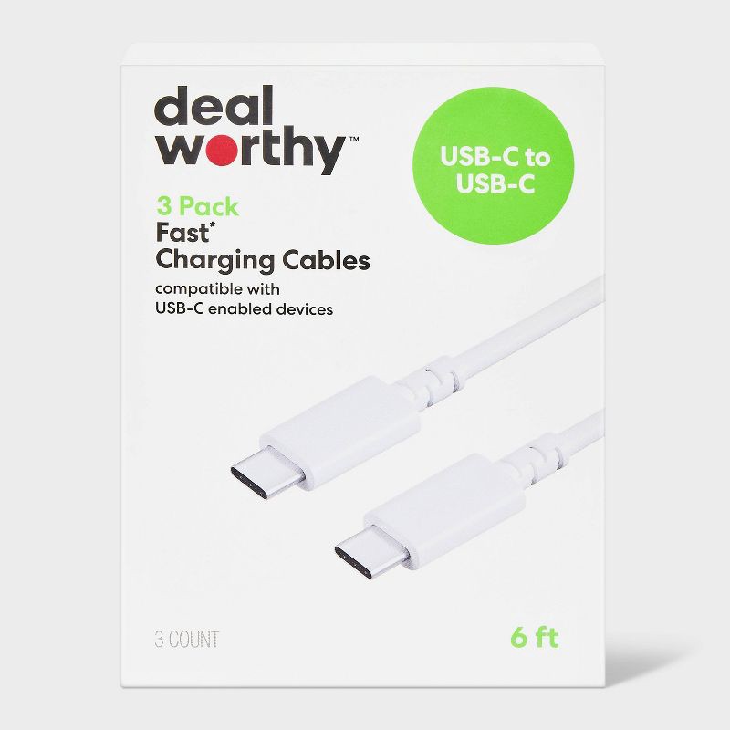slide 1 of 3, 6' USB-C to USB-C Charging Cables 3pk - dealworthy™ White, 3 ct