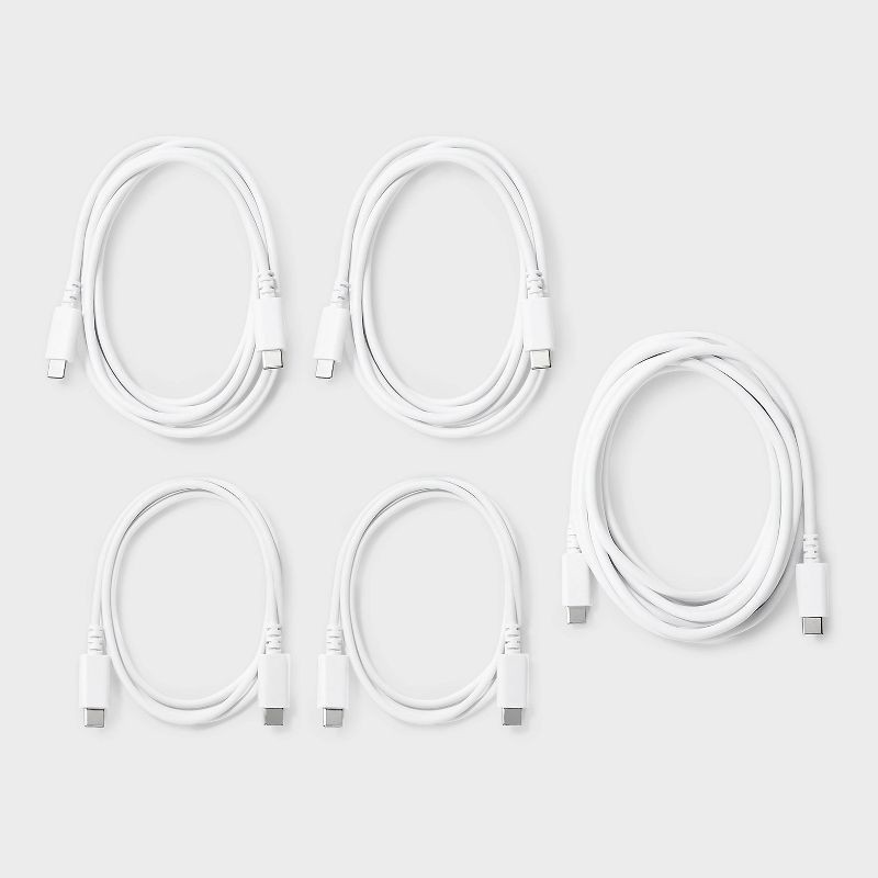 slide 2 of 3, USB-C to USB-C Charging Cables (3'/3'/6'/6'/10') 5pk - dealworthy™ White: Male-To-Male Connectors, 5 ct