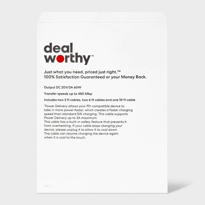 slide 3 of 3, USB-C to USB-C Charging Cables (3'/3'/6'/6'/10') 5pk - dealworthy™ White: Male-To-Male Connectors, 5 ct