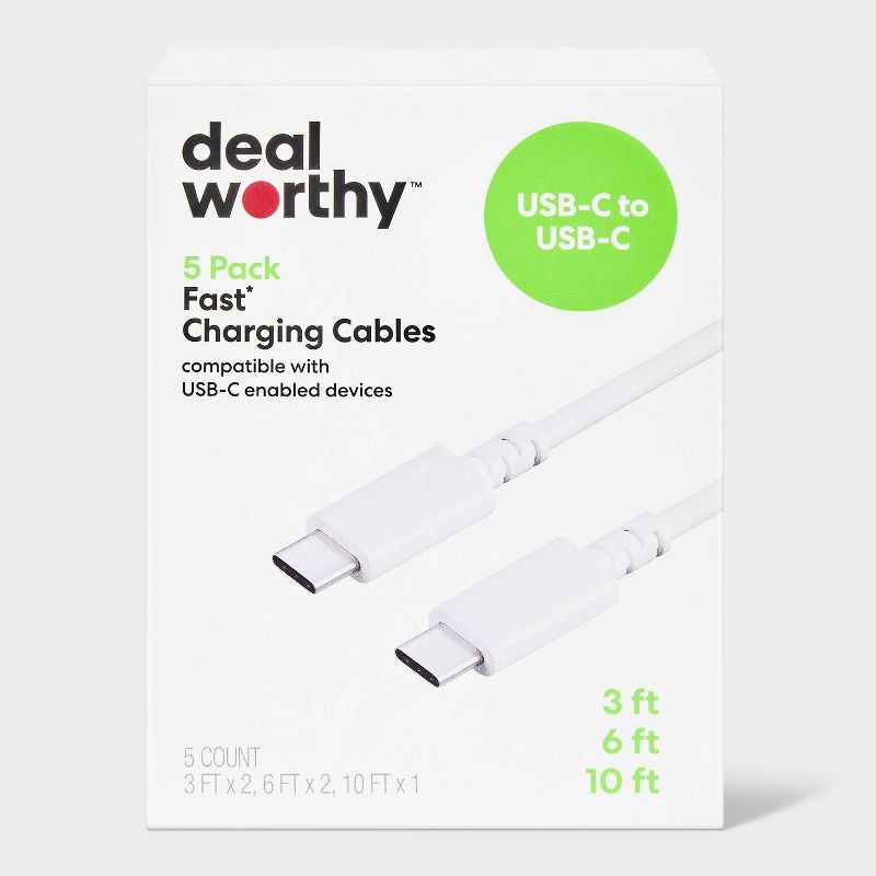 slide 1 of 3, USB-C to USB-C Charging Cables (3'/3'/6'/6'/10') 5pk - dealworthy™ White: Male-To-Male Connectors, 5 ct