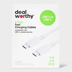 USB-C to USB-C Charging Cables (3'/3'/6'/6'/10') 5pk - dealworthy™ White: Male-To-Male Connectors