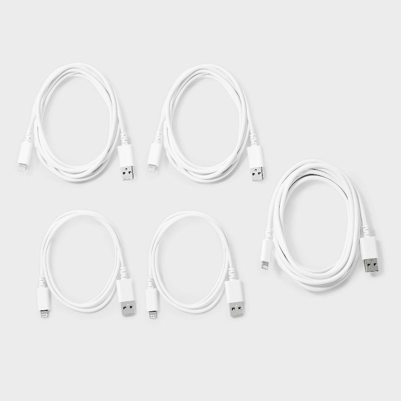 slide 2 of 3, Lightning to USB-A Charging Cables (3'/3'/6'/6'/10') 5pk - dealworthy™ White, 5 ct