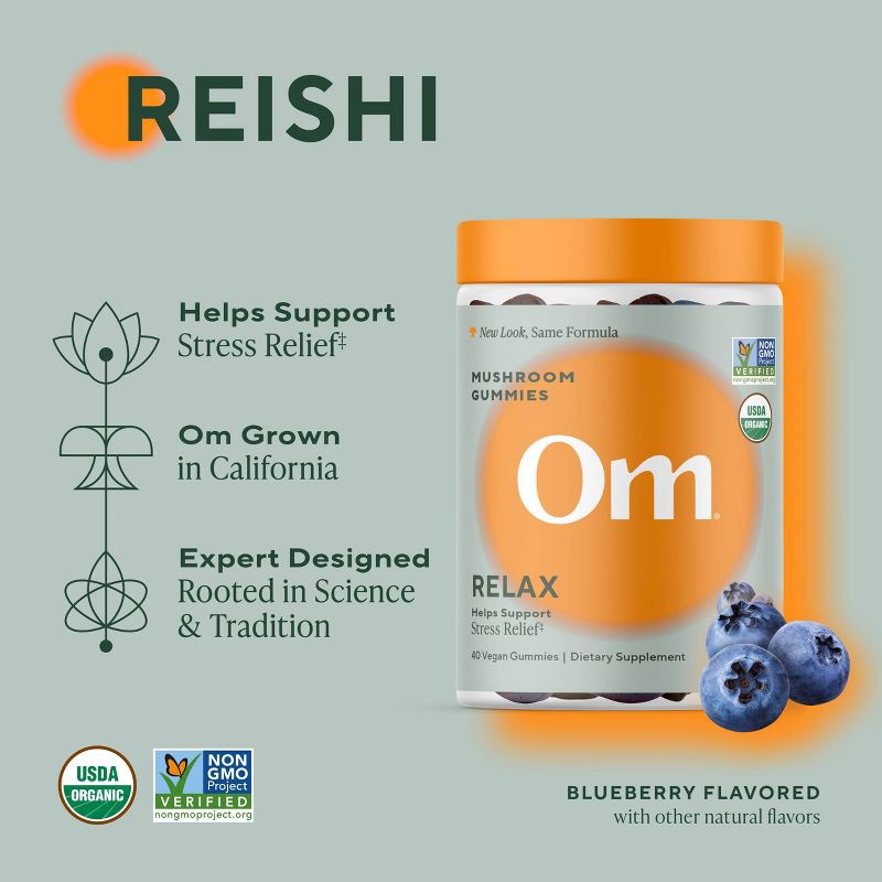 slide 4 of 4, Om Mushrooms Relax for Stress Relief Support Vegan Organic Gummies - 40ct, 40 ct