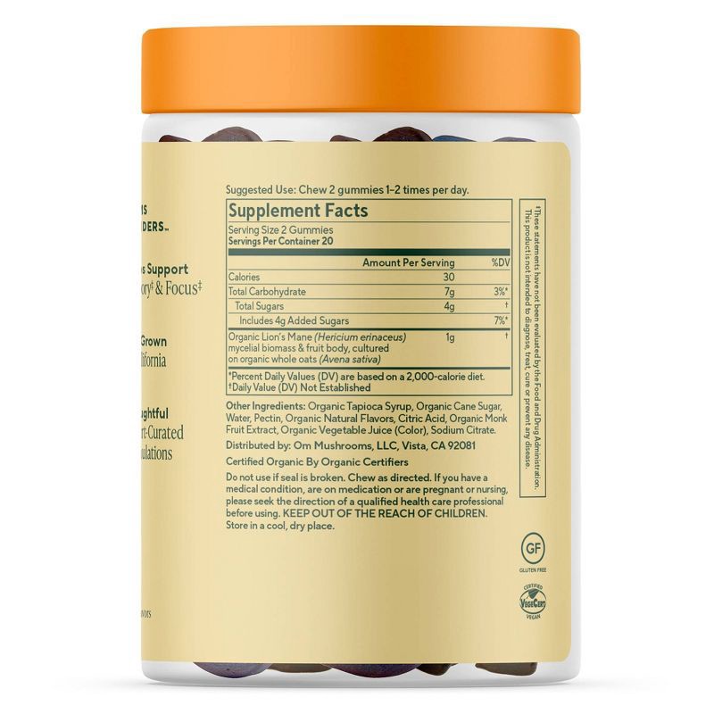 slide 2 of 4, Om Mushrooms Lions Mane for Memory & Focus Support Vegan Organic Gummies - 40ct, 40 ct