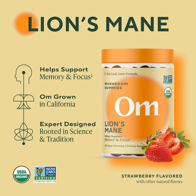 slide 4 of 4, Om Mushrooms Lions Mane for Memory & Focus Support Vegan Organic Gummies - 40ct, 40 ct