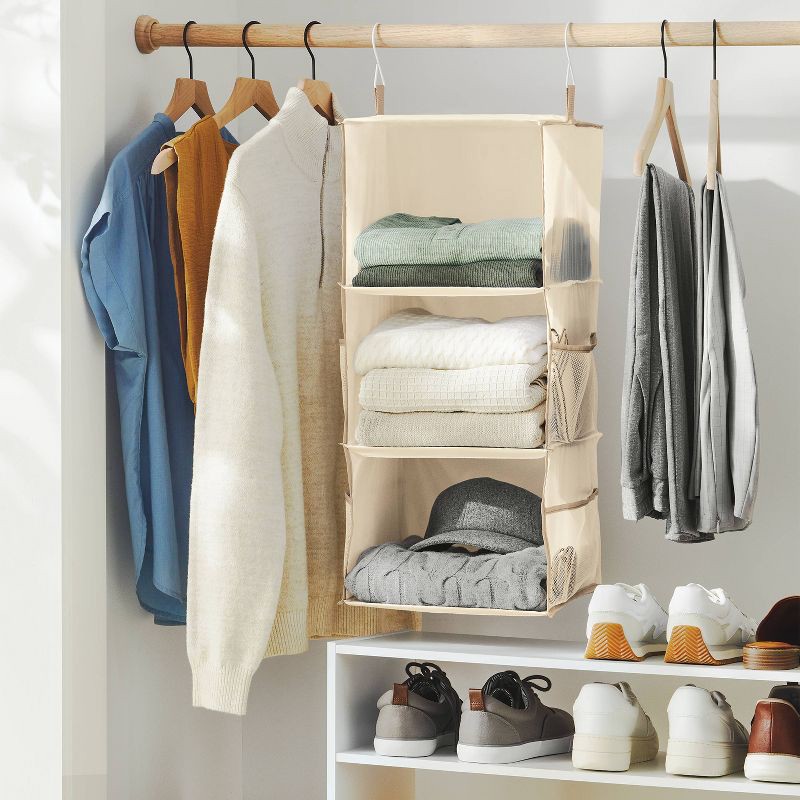 slide 2 of 3, 3 Shelf Hanging Closet Organizer with Side Pockets Tan - Brightroom™, 1 ct