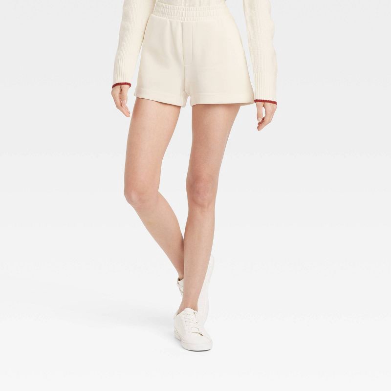 slide 1 of 3, Women's High-Rise Sandwash Pull-On Shorts - A New Day™ Off-White M: Heavyweight Doubleknit, Elastic Waistband, 1 ct