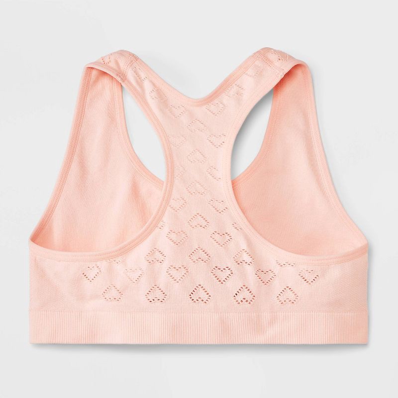 slide 2 of 4, Girls' 2pk 'Hearts' Printed Sports Bra - Cat & Jack™ Peach Orange S: Recycled Polyester, Racerback, Seamless, 2 ct
