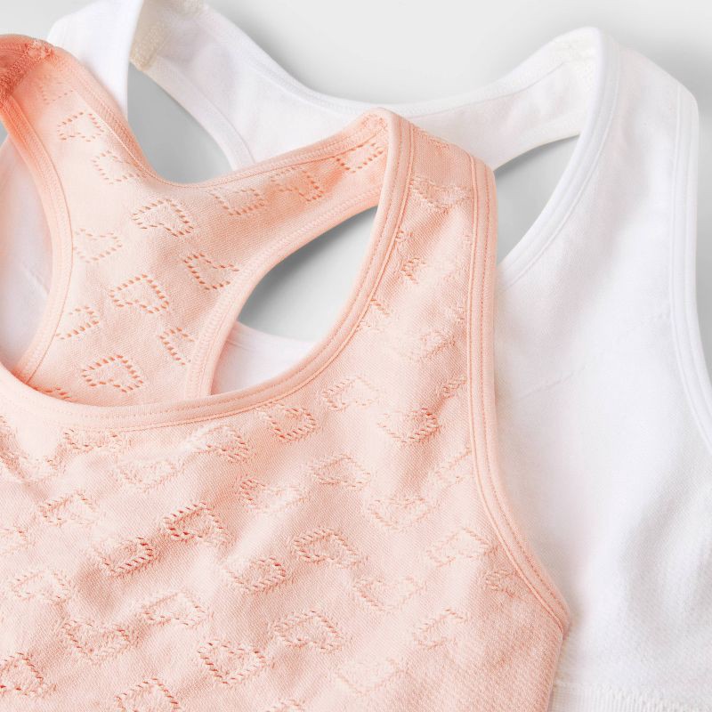 slide 3 of 4, Girls' 2pk 'Hearts' Printed Sports Bra - Cat & Jack™ Peach Orange S: Recycled Polyester, Racerback, Seamless, 2 ct