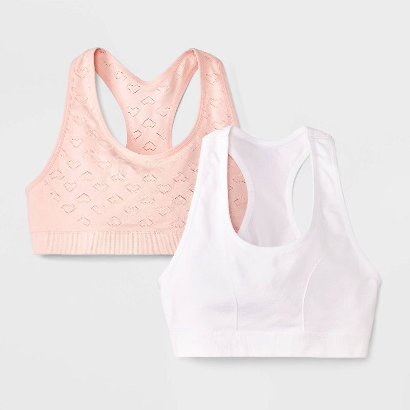 slide 1 of 4, Girls' 2pk 'Hearts' Printed Sports Bra - Cat & Jack™ Peach Orange L, 2 ct