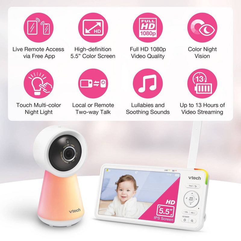 slide 5 of 15, V-Tech VTech 5.5" HD Smart Fixed Position Video Baby Monitor, 1 ct