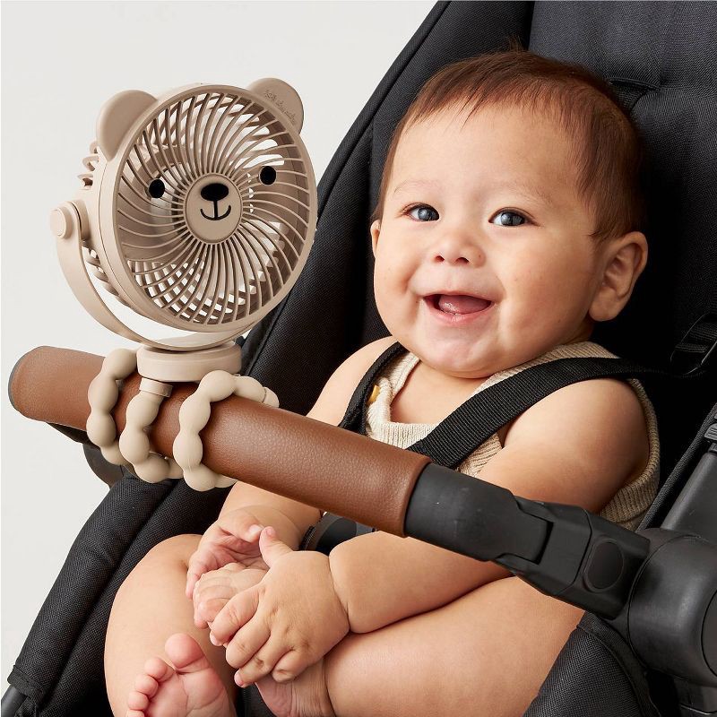 slide 2 of 9, Itzy Ritzy Itzy Breeze 3-Speed Stroller Fan with Rechargeable Battery and Easy Attach Design - Tan Bear, 1 ct