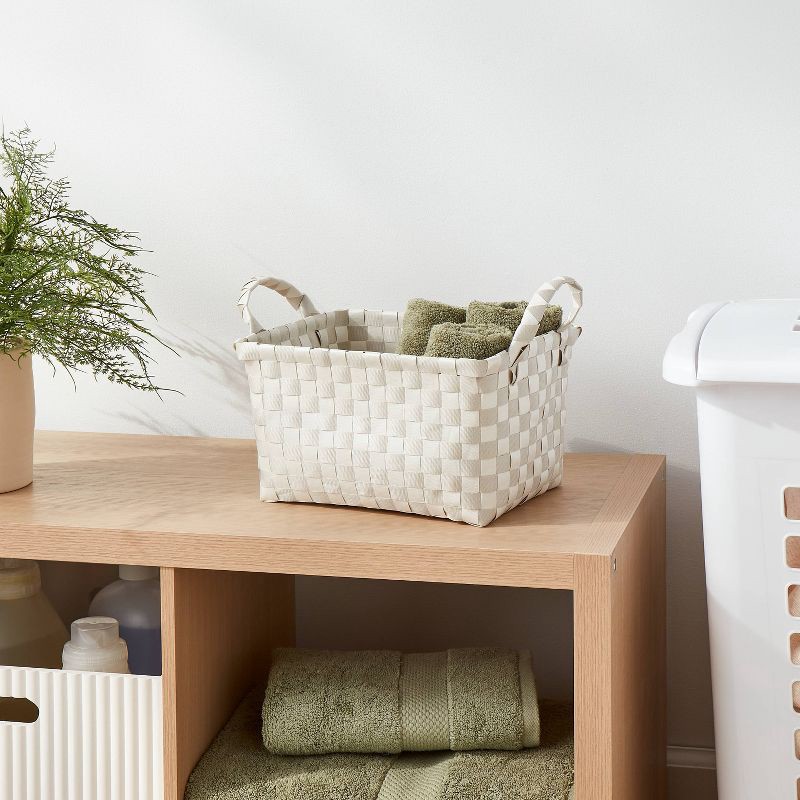 slide 2 of 3, Woven Plastic Basket Small Tan/White Checkered - Brightroom™, 1 ct