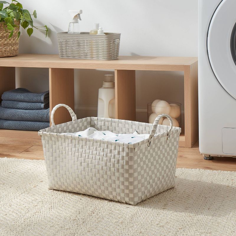 slide 2 of 3, Woven Plastic Basket Large Tan/White Checkered - Brightroom™, 1 ct