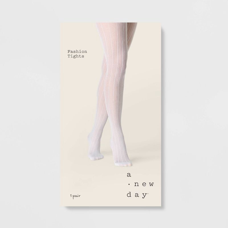 slide 2 of 2, Women's Pointelle Ribbed Tights - A New Day™ White L/XL: High Waisted, Sheer, Tagless, Closed Toe, 1 ct