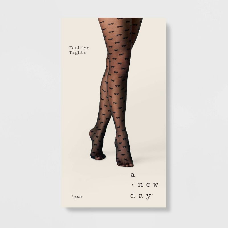 slide 2 of 2, Women's Bow Sheer Tights - A New Day™ Black L/XL: High Waisted, Tagless, Closed Toe, Knit, Line Dry, 1 ct