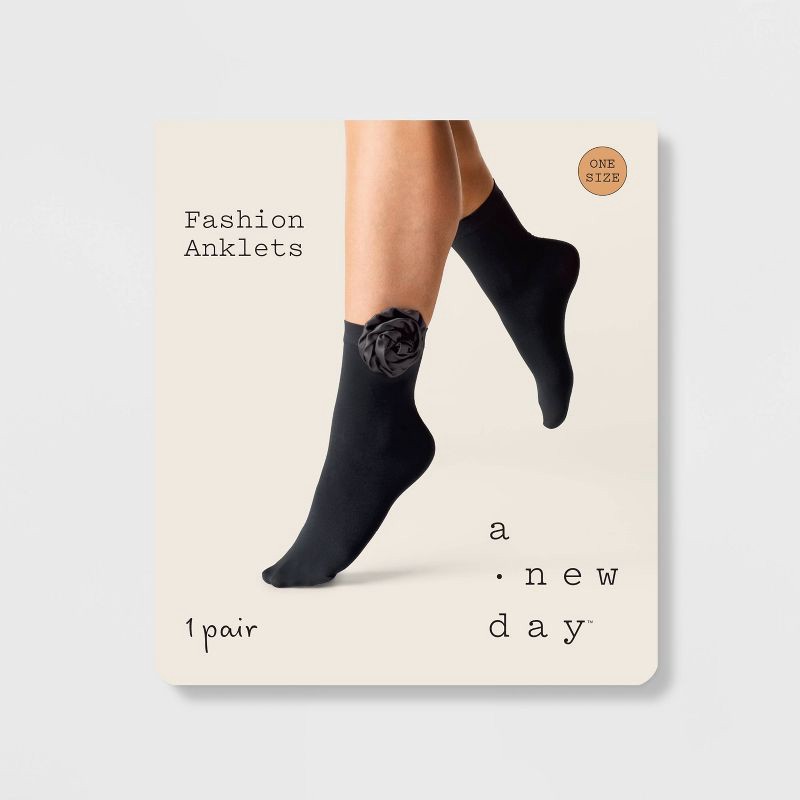 slide 2 of 2, Women's Rose Applique Opaque Anklet Socks - A New Day™ Black 4-10: Nylon Spandex Knit, Banded Cuff, Floral Pattern, 1 ct