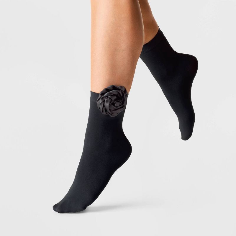 slide 1 of 2, Women's Rose Applique Opaque Anklet Socks - A New Day™ Black 4-10: Nylon Spandex Knit, Banded Cuff, Floral Pattern, 1 ct
