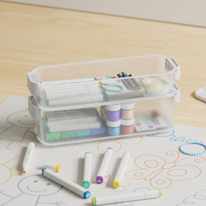 slide 3 of 10, Click in Place 3qt Clear Shallow Slim Plastic Storage Bin with White Latch for Home and Office Organization - Brightroom™, 3 qt