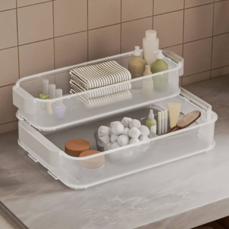 slide 10 of 10, Click in Place 6.7qt Clear Shallow Plastic Storage Bin with White Latch for Home and Office Organization - Brightroom™, 6.7 qt