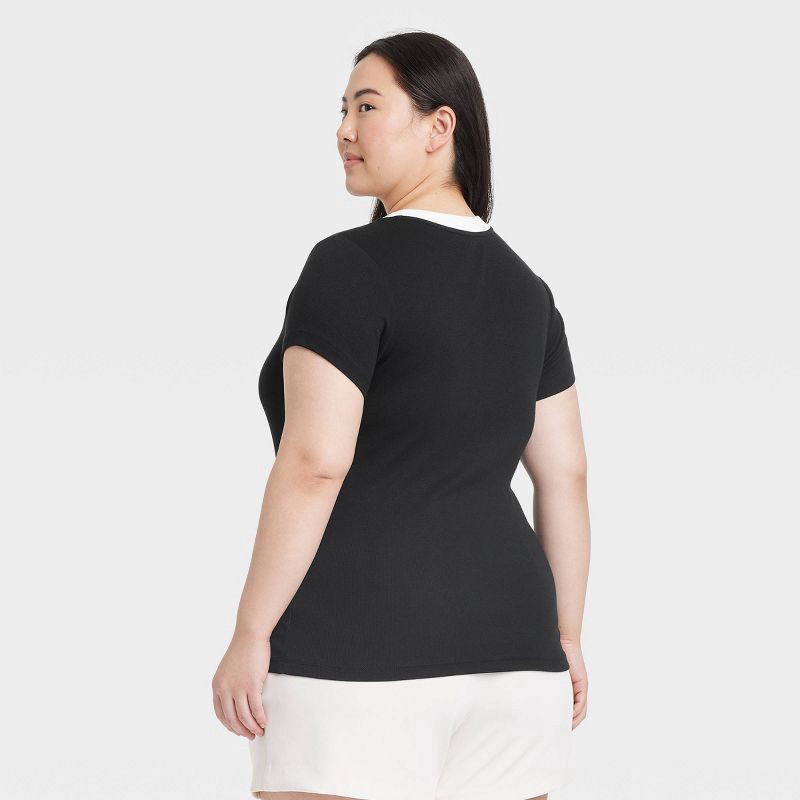 slide 2 of 4, Women's Slim Fit Short Sleeve Ribbed T-Shirt - A New Day™ Black/White M: Cotton Modal Blend, Crew Neck, Pullover, Machine Washable, 1 ct