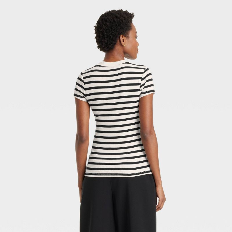 slide 2 of 4, Women's Slim Fit Short Sleeve Ribbed T-Shirt - A New Day™ Cream Striped S: Cotton-Modal Blend, Crew Neck, Pullover, Below Waist, 1 ct