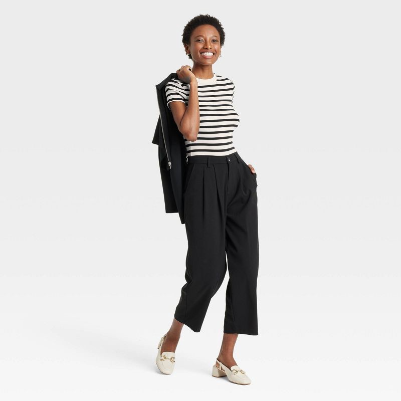 slide 3 of 4, Women's Slim Fit Short Sleeve Ribbed T-Shirt - A New Day™ Cream Striped S: Cotton-Modal Blend, Crew Neck, Pullover, Below Waist, 1 ct