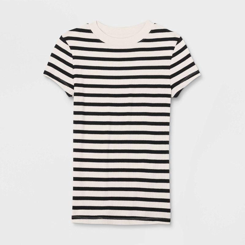 slide 4 of 4, Women's Short Sleeve Ribbed T-Shirt - A New Day™ Cream Striped L: Cotton Modal Blend, Crew Neck, Pullover, Below Waist, 1 ct