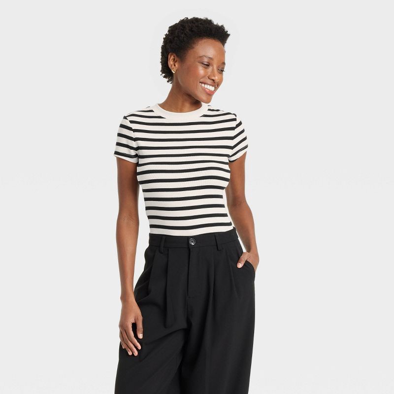 slide 1 of 4, Women's Short Sleeve Ribbed T-Shirt - A New Day™ Cream Striped L: Cotton Modal Blend, Crew Neck, Pullover, Below Waist, 1 ct