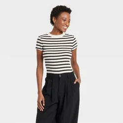 Women's Slim Fit Short Sleeve Ribbed T-Shirt - A New Day™ Cream Striped M: Cotton Modal Blend, Crew Neck, Pullover