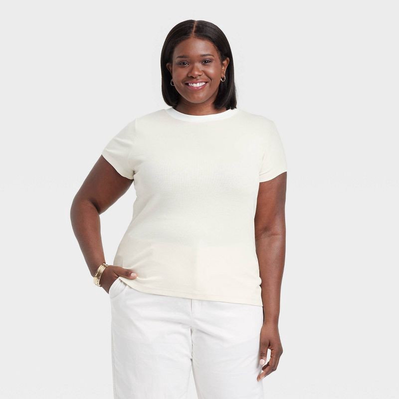 slide 1 of 3, Women's Short Sleeve Ribbed T-Shirt - A New Day™ Cream/White XXL: Cotton Modal Blend, Crew Neck, Pullover, 1 ct