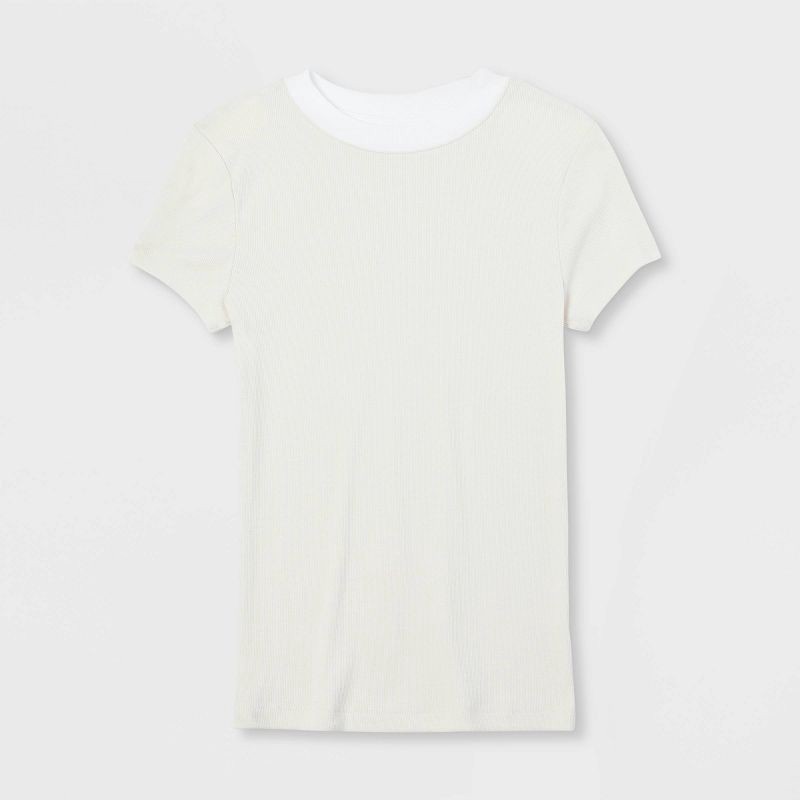 slide 4 of 4, Women's Short Sleeve Ribbed T-Shirt - A New Day™ Cream/White XL: Cotton Modal Blend, Crew Neck, Pullover, 1 ct