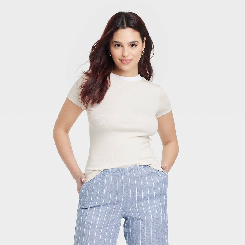 slide 1 of 4, Women's Short Sleeve Ribbed T-Shirt - A New Day™ Cream/White XL: Cotton Modal Blend, Crew Neck, Pullover, 1 ct