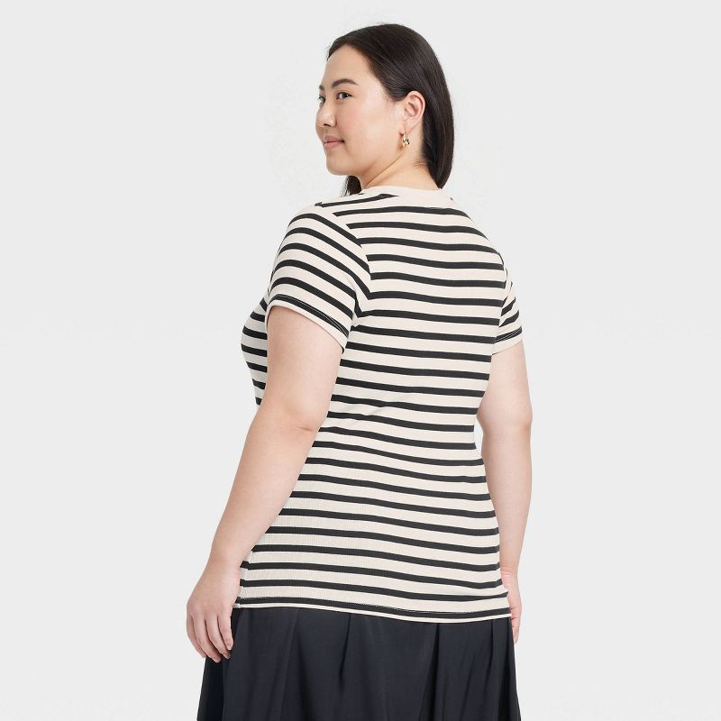 slide 2 of 3, Women's Slim Fit Short Sleeve Ribbed T-Shirt - A New Day™ Cream Striped XXL: Cotton Modal Blend, Crew Neck, Pullover, 1 ct