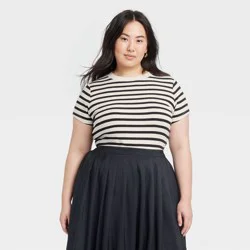 Women's Slim Fit Short Sleeve Ribbed T-Shirt - A New Day™ Cream Striped XXL: Cotton Modal Blend, Crew Neck, Pullover